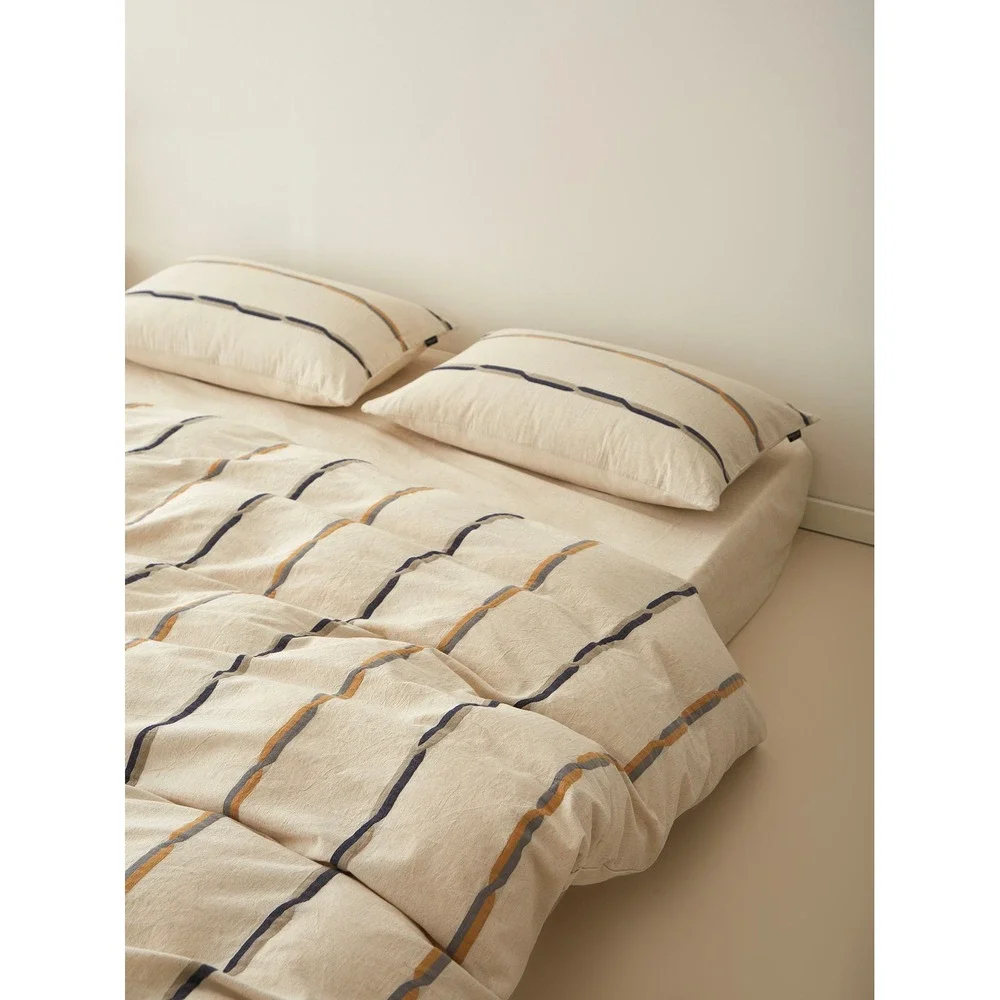Faith Cotton Linen Striped Duvet Cover Set Brown King Top Grade & Natural
